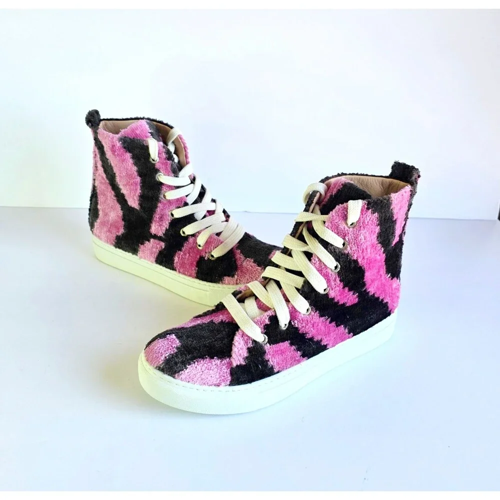 ELYSIAN Emily Morrison Ankara Ikat Silk Velvet High Top Sneakers 38 Pink Black - Picture 2 of 14
